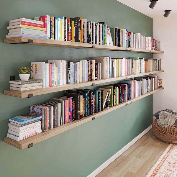 Floating Bookshelf Extra Long Profile Light Oak Matte Black Brackets