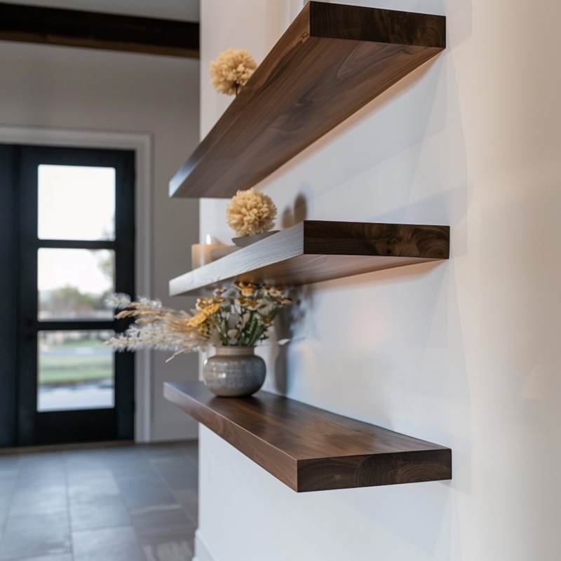 Floating Shelf Tiered Display Thick Profile Walnut Brown Satin Finish
