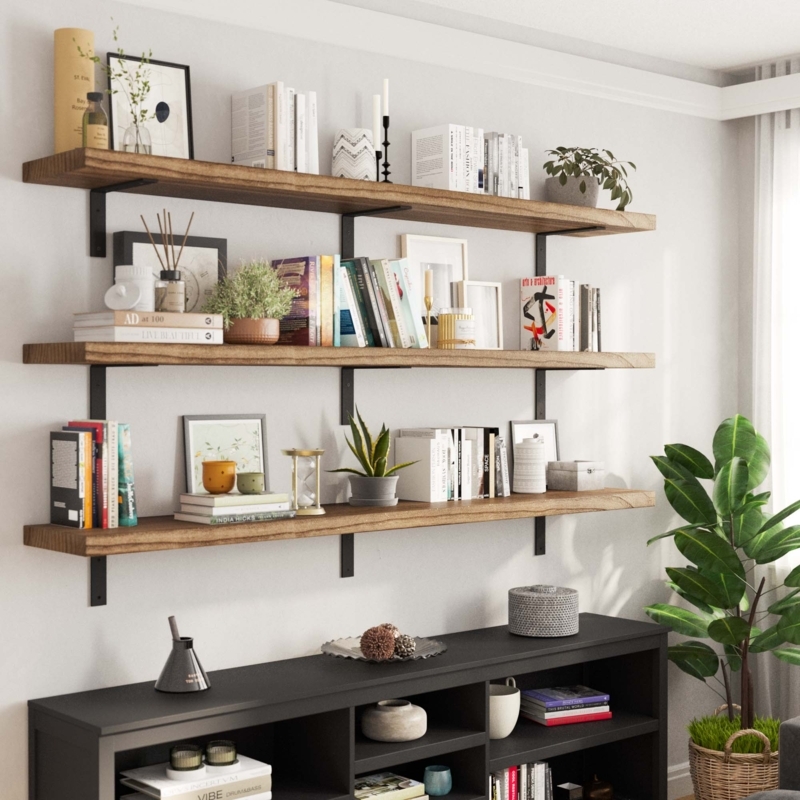Floating Shelves L-Shaped Brackets Multi-Tier Wide Span Rustic Wood