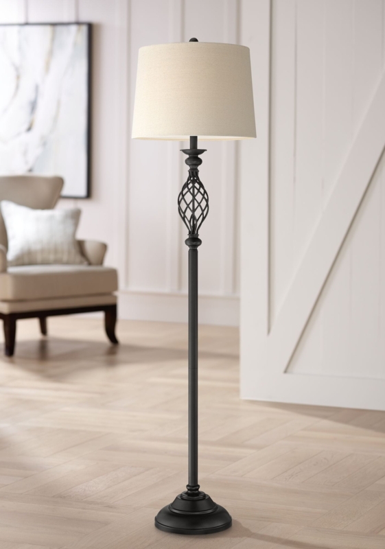 Floor Lamp Bronze Birdcage Scroll Detail Cream Drum Shade
