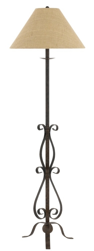 Floor Lamp Burlap Shade Scrolled Ironwork Tripod Base Rustic