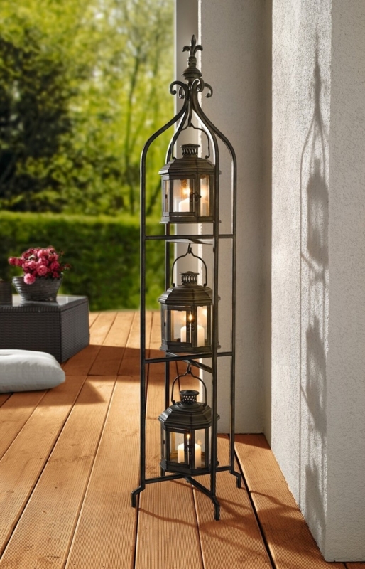 Floor Lantern Stand Antique Bronze Tiered Design Holds Three Lanterns