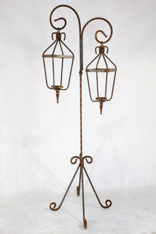 Floor Lantern Stand Rusted Finish Twisted Pole Double Arm