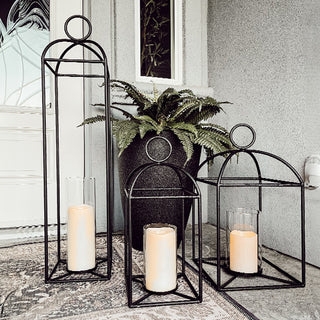 Floor Lanterns Set of 3 Graduated Heights Matte Black Forged Iron