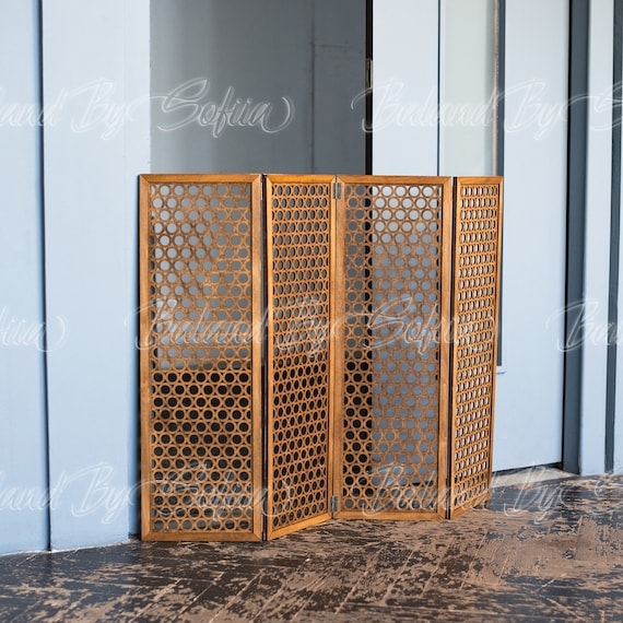 Freestanding Dog Gate: Warm Oak Circular Lattice Mid Century