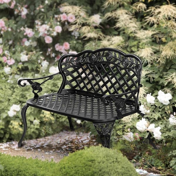 Garden Bench Black Ornate Scalloped Arched Backrest Lattice Seat