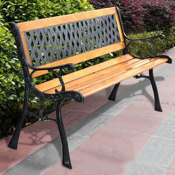 Garden Bench Honey Brown Wood Slat Seat Lattice Backrest Metal