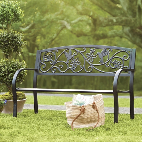Garden Bench Hummingbird Motif Floral Scrollwork Matte Black
