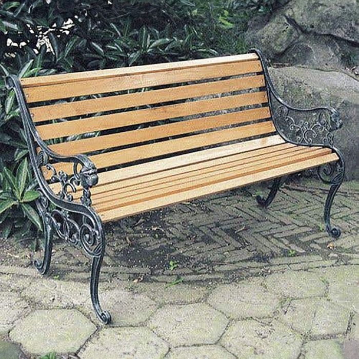 Garden Bench Lion Head Detail Scrollwork Arms Slatted Wood Iron