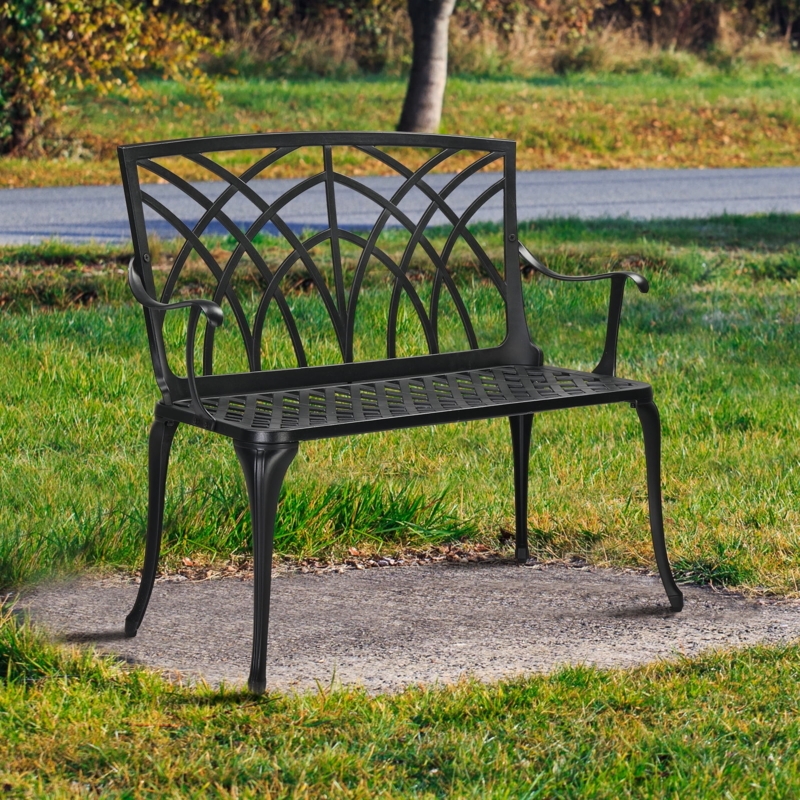 Garden Bench Matte Black Arched Lattice Back Diamond Weave Seat