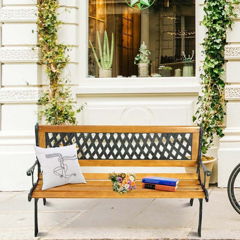 Garden Bench Mixed Material Design Lattice Back Slatted Wood Seat