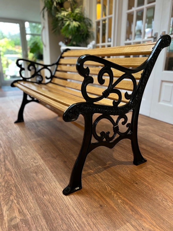 Garden Bench Restored Cast Iron Oiled Oak Slats Glossy Black