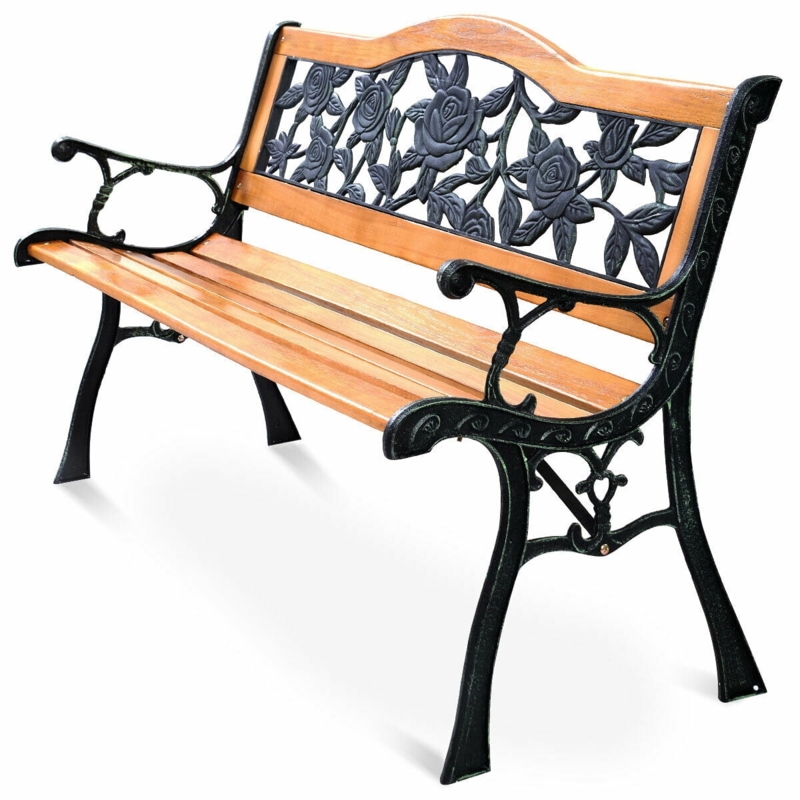Garden Bench Rose Motif Slatted Wood Seat Cast Metal Frame
