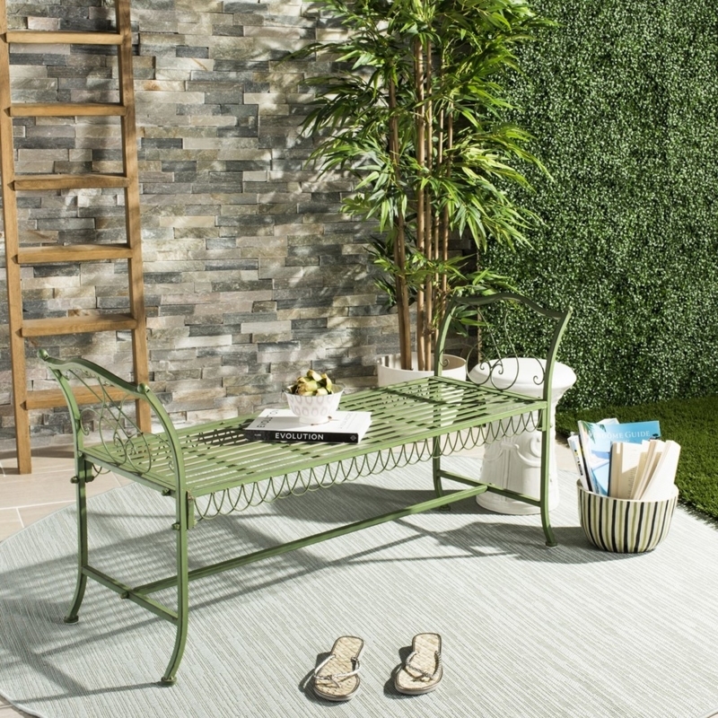 Garden Bench Sage Green Scalloped Apron Wrought Iron Slatted Seat
