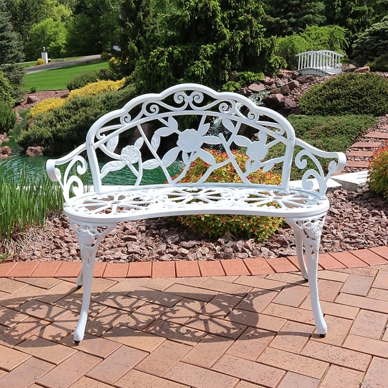 Garden Bench White Rose Motif Openwork Seat Cast Aluminum Cabriole