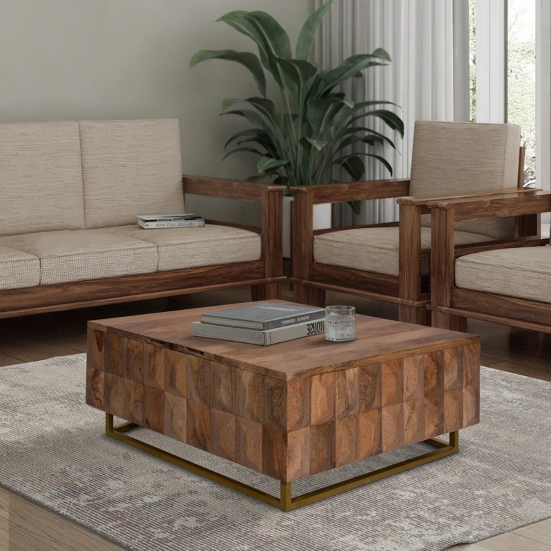 Geometric Mango Wood Coffee Table with Gold Base