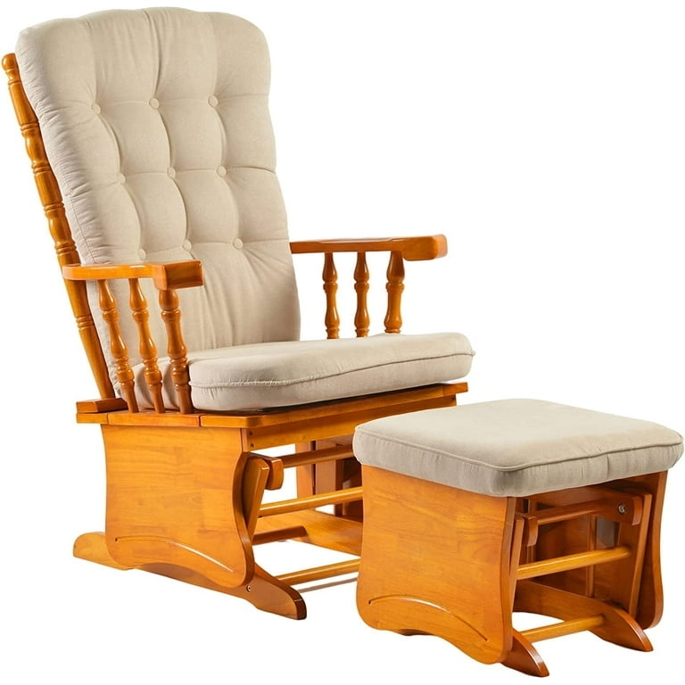 Glider Chair Set Honey Oak Spindle Arms Button Tufted