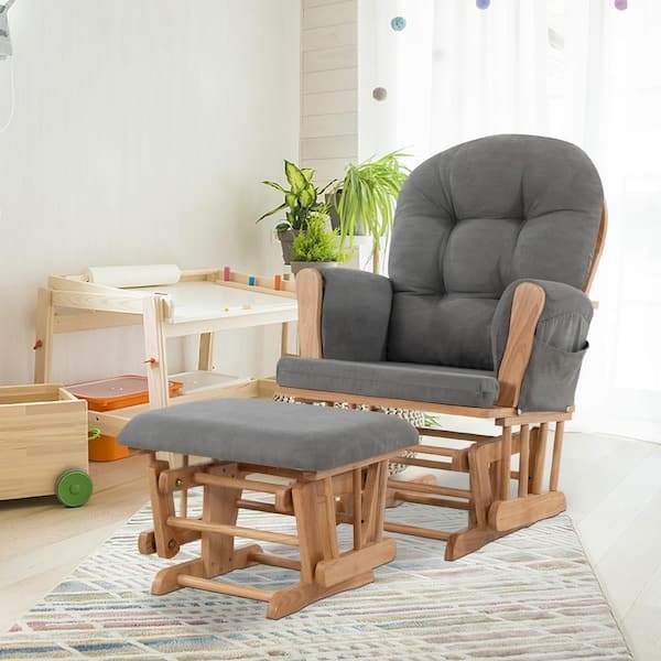 Glider Rocking Chair Pecan Wood Dark Gray Tufted Ottoman Set