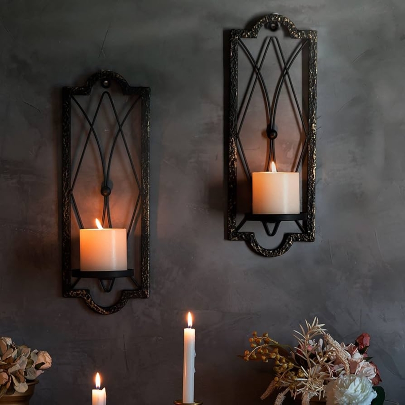 Gothic Wall Candle Sconce Arched Lattice Design Black Gold Decor