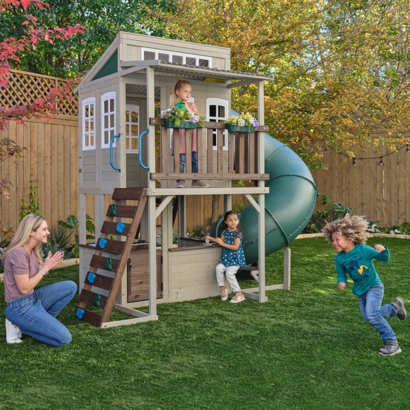 Gray Wooden Playhouse with Tube Slide and Rock Climbing Wall