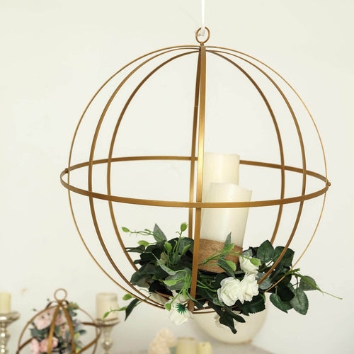 Hanging Candle Holder Gold Orbital Sphere Frame with Floral Base