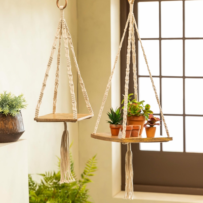 Hanging Plant Shelf Macrame Tassel Wood Platforms Bohemian Organic
