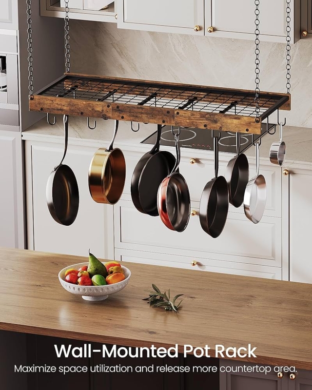 Hanging Pot Rack: Brown Wood Frame with Top Storage Grid.