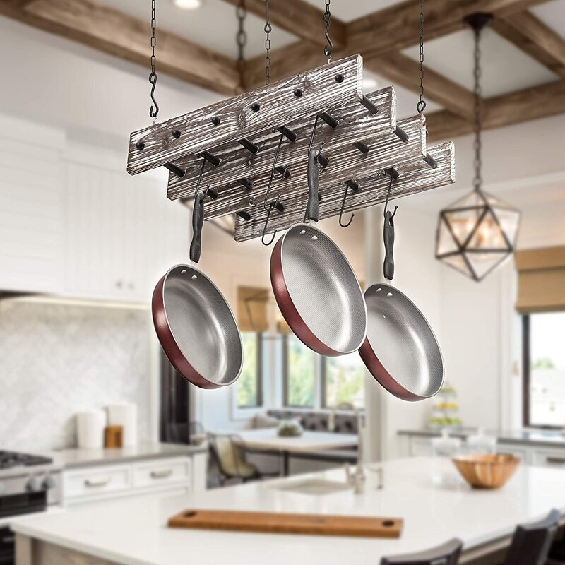 Hanging Pot Rack: Distressed Wood Ladder with Staggered Planks Design.