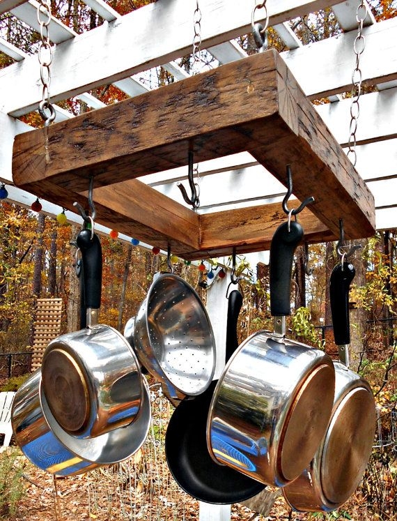 Hanging Pot Rack: Heavy Timber Square Frame & Chain Suspension.