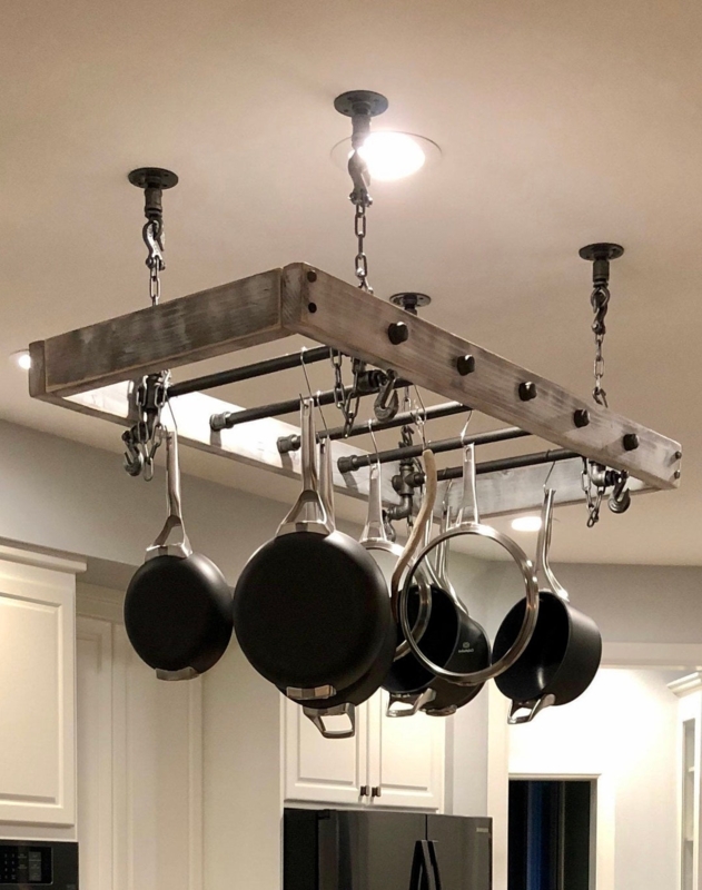 Hanging Pot Rack: Industrial Pipe Grid with Reclaimed Wood Frame.