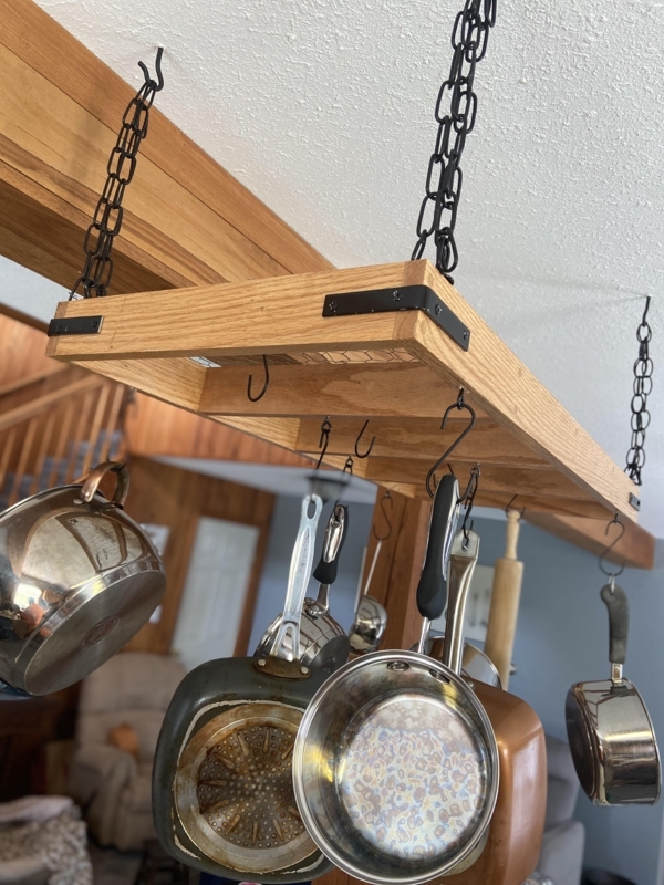 Hanging Pot Rack: Oak Toned Wood Frame with Wire Mesh Base & Chains.