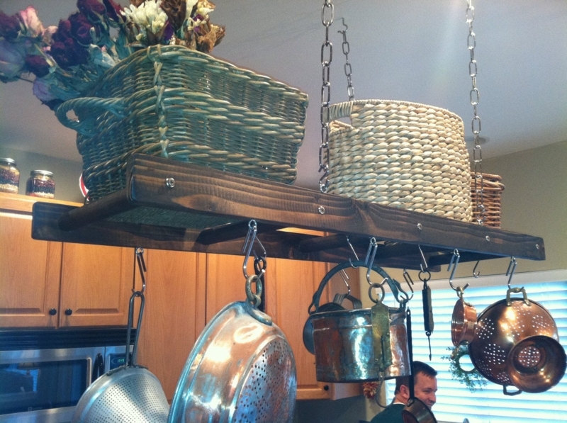 Hanging Pot Rack: Walnut Stained Ladder Frame with Dual-Level Storage.