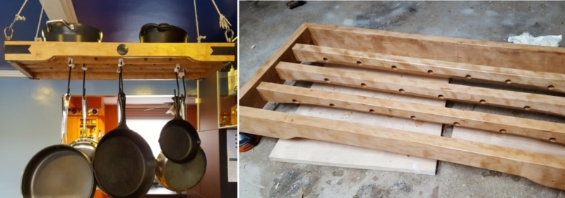 Hanging Pot Rack: Wood Frame with Slatted Base & Metal Corner Brackets.