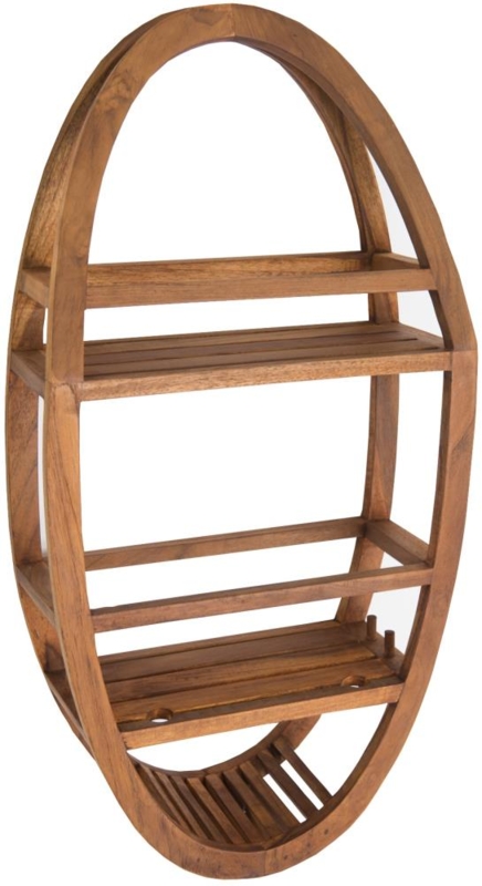Hanging Shower Caddy Oval Silhouette Teak Wood Three-Tier Spa Organizer