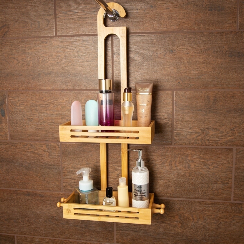 Hanging Shower Caddy Wood Slotted Baskets Two-Tier Honey Brown Storage
