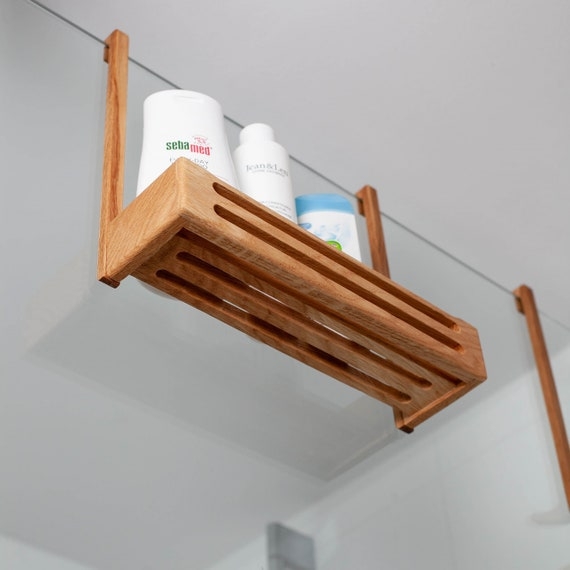 Hanging Shower Shelf Wood Over-the-Door Hooks Slotted Drainage Caddy