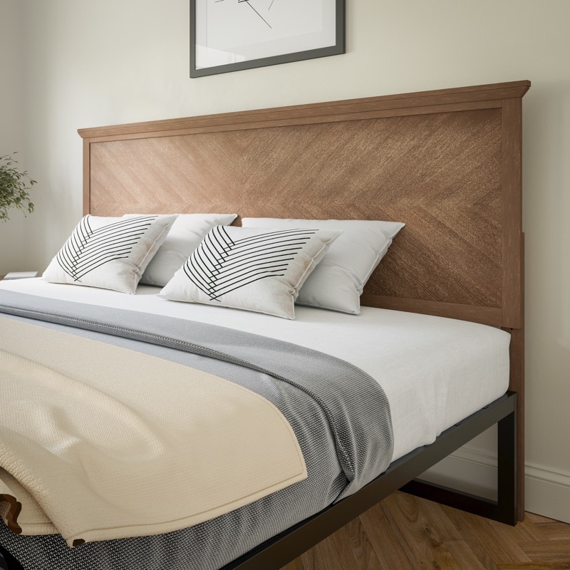 Headboard: Herringbone Pattern Wood, Light Brown, Matte Black Frame