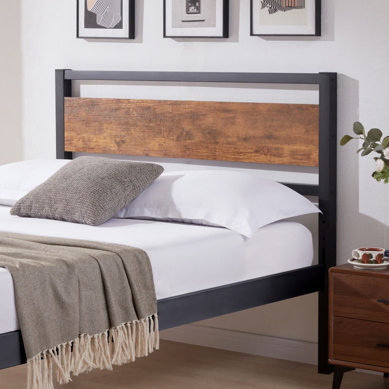 Headboard: Matte Black Metal Frame, Industrial Style, Rustic Wood Panel