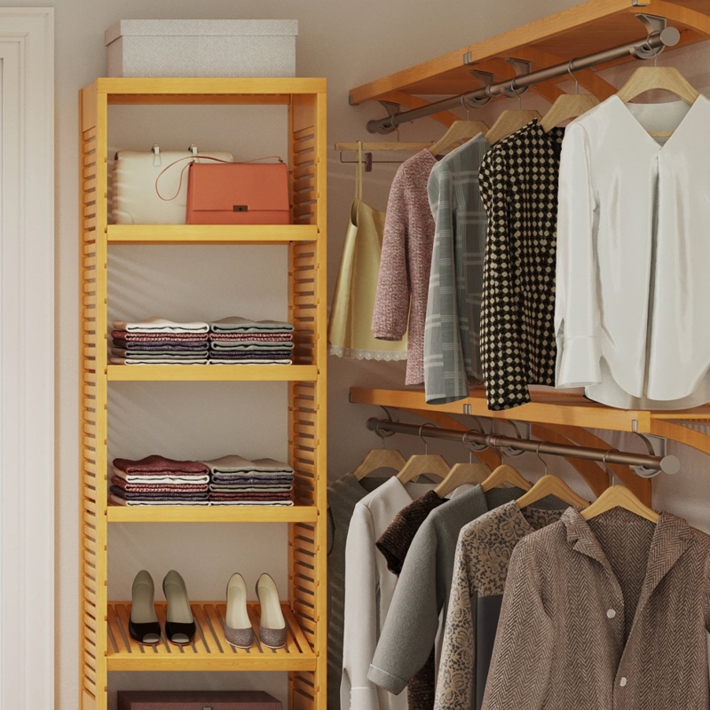 Honey Wood Closet Organizer with Ventilated Slat Sides and Tiered Rods
