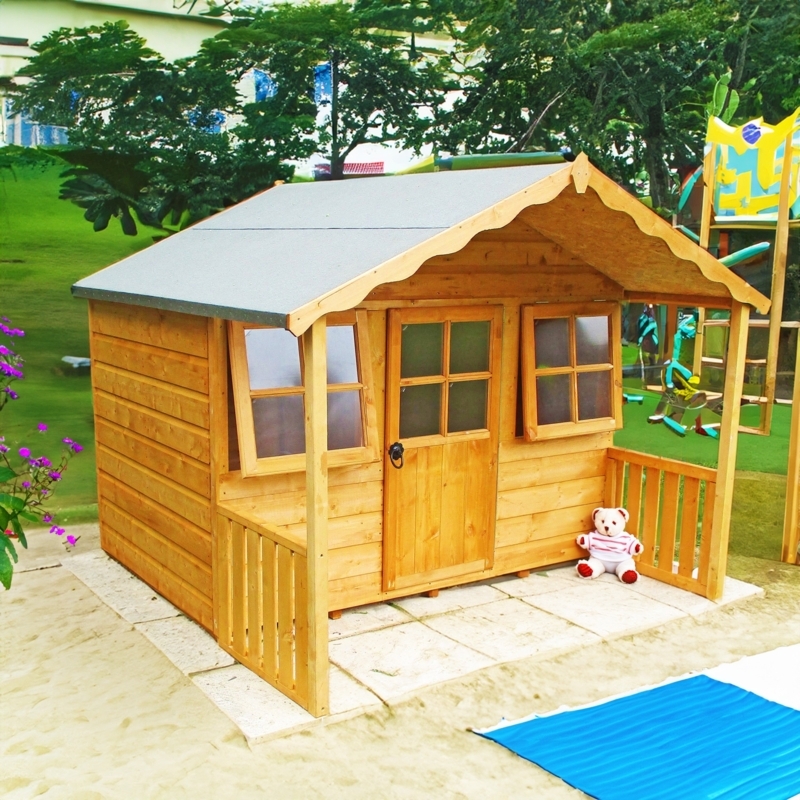 Honey Wood Playhouse with Scalloped Fascia and Integrated Porch