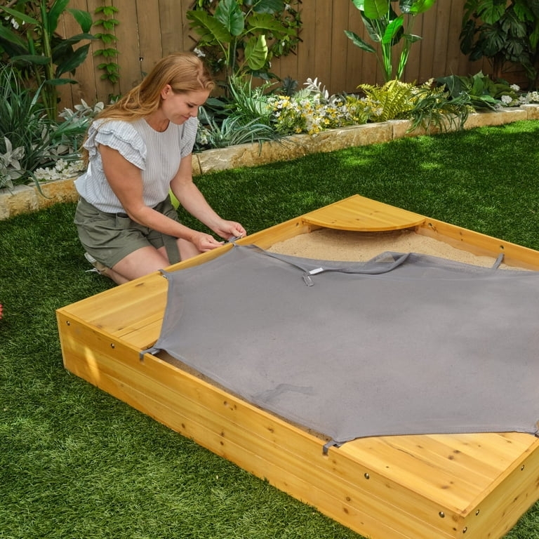 Honey Wood Sandbox with Corner Seating and Protective Mesh Cover