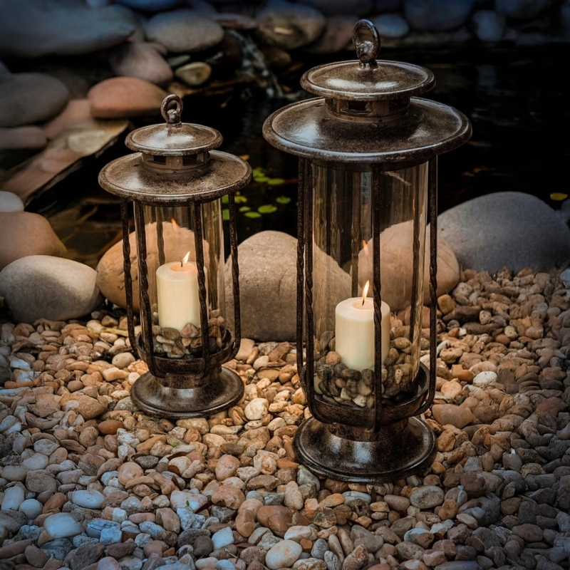 Hurricane Lantern Antiqued Bronze Internal Pebbles Glass Cylinder