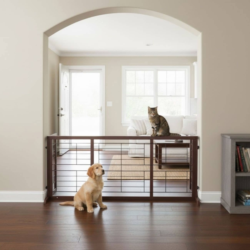 Indoor Dog Gate: Espresso Horizontal Bar Grid Step Over Design