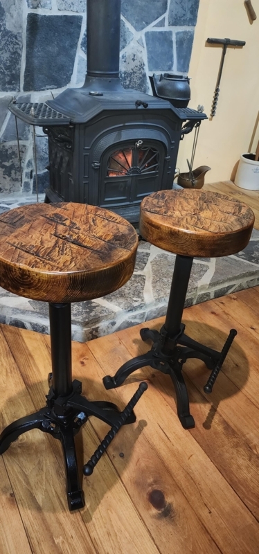 Industrial Bar Stools with Rebar Footrest and Thick Wood Toned Seat