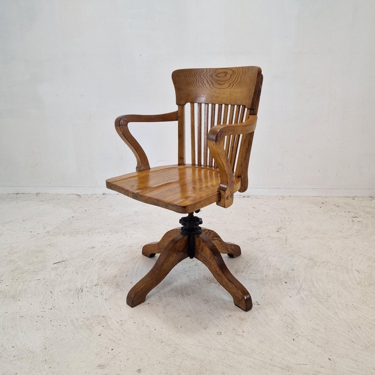 Industrial Swivel Chair Splayed Base Honey Oak Slat Back Antique