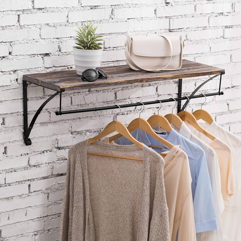 Industrial Wall Mounted Clothing Rack with Torched Wood Finish