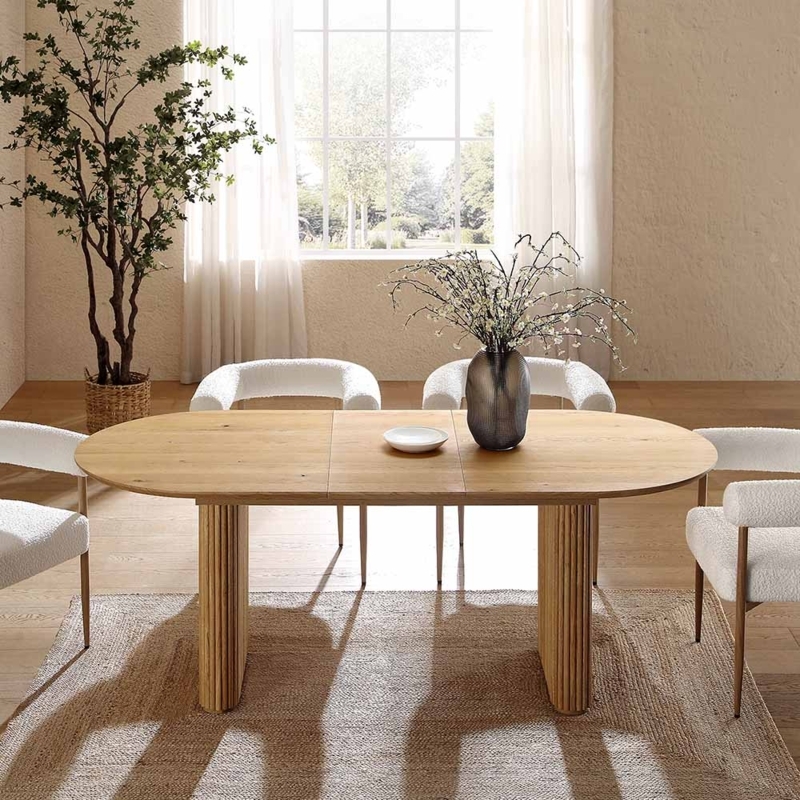 Japandi Oval Dining Table Light Oak Fluted Pedestal Extending
