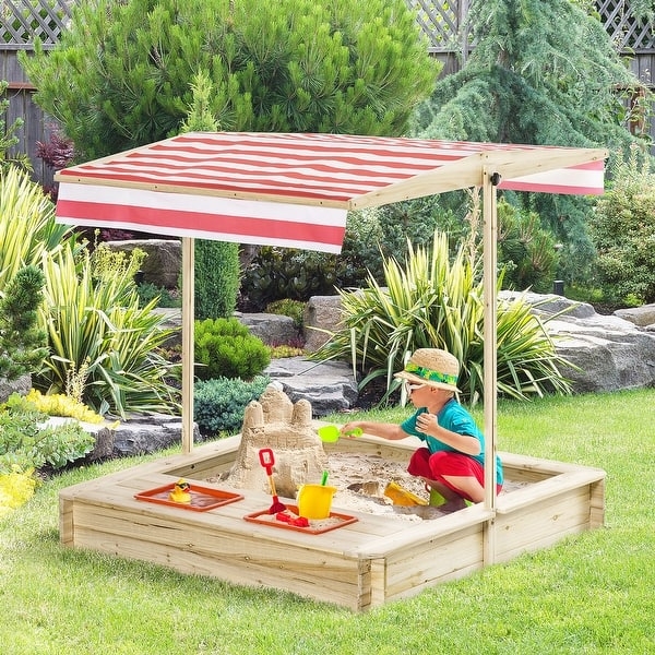 Kids Sandbox with Adjustable Candy Apple Red Striped Awning