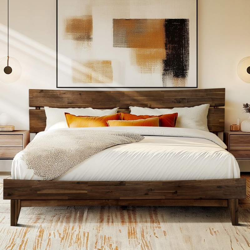 King Bed Frame: Chocolate Brown Finish, Horizontal Slat Headboard