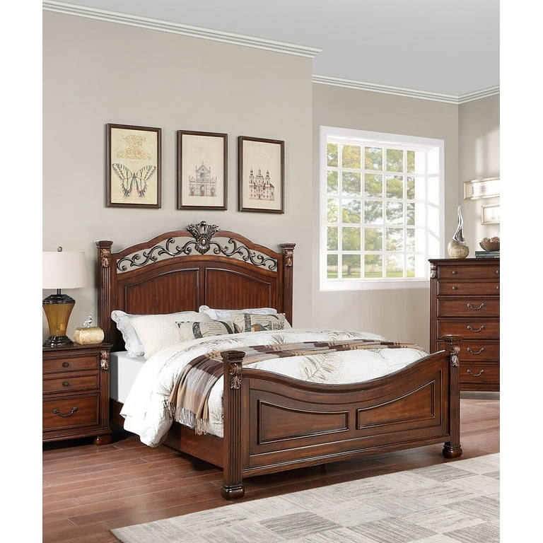 King Bed: Traditional Scrollwork Headboard, Fluted Posts, Walnut Brown